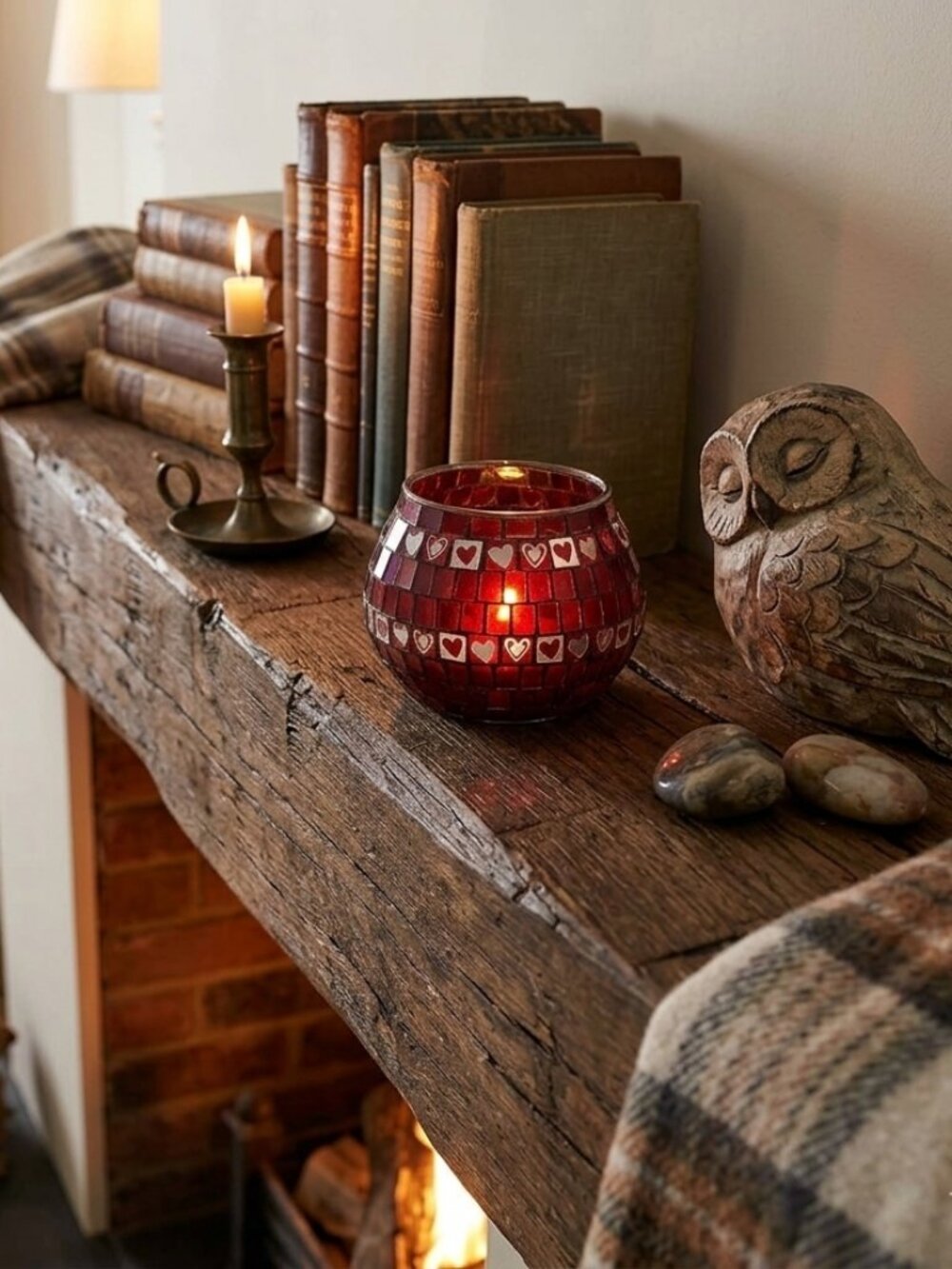 Sparkly Red Mosaic Glass Tealight/Votive Candle Holder w/Hearts Design Decor